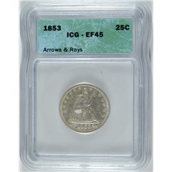 1853 ARROWS AND RAYS SEATED QUARTER ICG XF/AU-45!