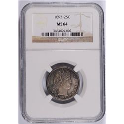 1892 BARBER QUARTER NGC MS 64 SUPER COLORS