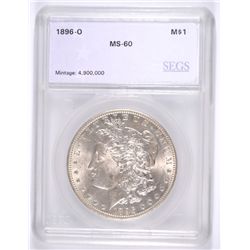 1896-O MORGAN SILVER DOLLAR, SEGS MS-60 RARE!