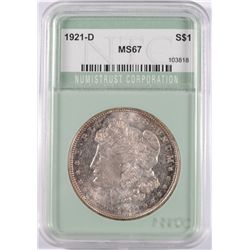 1921-D MORGAN SILVER DOLLAR, NTC MS-67, 67 BID IS $32,500.00, 66 IS $1000.00