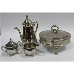 SILVERPLATED COFFEE POT/ CREAM & SUGAR + SERVING