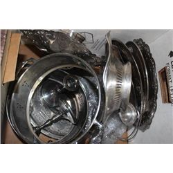 BOX OF ESTATE SILVERPLATED PLATES /CANDLE HOLDERS