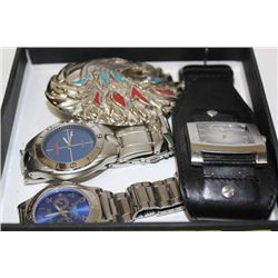 BOX W/ EAGLE BELT BUCKLE AND 3 MENS WATCHES