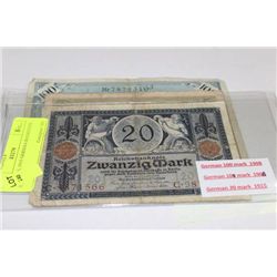 1908, 1906, 1915 GERMAN BANKNOTE X3