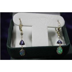 14KT GOLD OPAL,TANZANITE & DIAMOND(0.10CT)EARRINGS