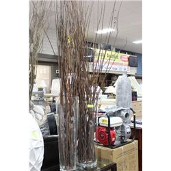 2 GLASS SHOWHOME LARGE VASES W TWIG ACCENTS