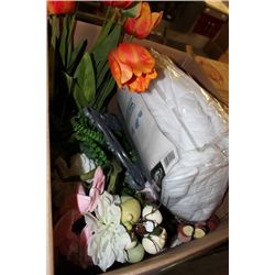 BOX OF SHOWHOME DECORATIONS W MATTRESS PAD