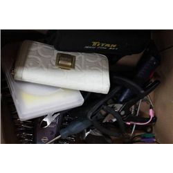 BOX OF MISC TOOLS W/ MICROSOFT OFFICE DVD, FILERS