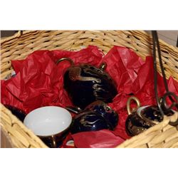 LARGE BASKET W/ 9PC. HAND PAINTED BLUE/GOLD