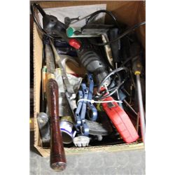 BOX FULL OF SKIL DRILL BITS, PLIERS, SAWS,