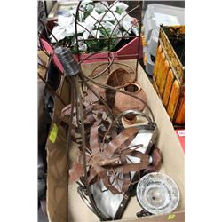 TRAY OF WROUGHT IRON PLANTERS/CANDLE HOLDERS, ETC.