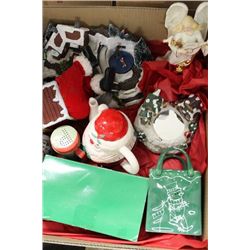 LARGE BOX W/ CHRISTMAS MISC.; 5 MUSICAL FIGURINES,