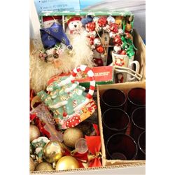 LARGE BOX W/ 6 RED GOBLETS, PLUSH ORNAMENTS,