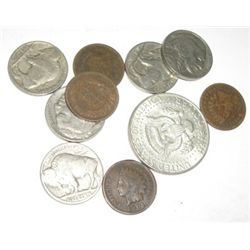 10 TOTAL U.S. COINS INCLUDING SILVER KENNEDY HALF DOLLAR/INDIAN HEAD PENNIES & BUFFALO NICKELS