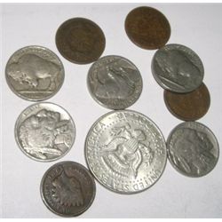 10 TOTAL U.S. COINS INCLUDING SILVER KENNEDY HALF DOLLAR/INDIAN HEAD PENNIES & BUFFALO NICKELS