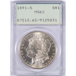 1891-S MORGAN DOLLAR PCGS MS-62 BLAST WHITE OLD RATTLER HOLDER