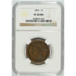 1853 LARGE CENT NGC VF-20 BN