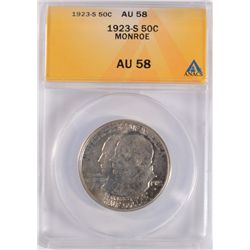 1923-S MONROE COMMEN HALF DOLLAR ANACS AU-58