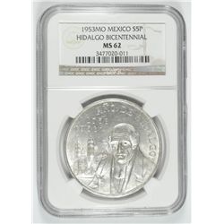 1953 MEXICO (HIDALGO BICENTENNIAL) SILVER COIN NGC MS-62