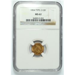 1854 II $1 GOLD NGC MS-62