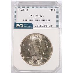 1934-D PEACE SILVER DOLLAR, PCI MS-63