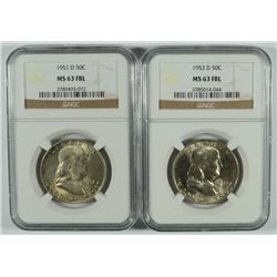1951-D, & 53-D FRANKLIN HALF DOLLARS NGC MS-63 FBL