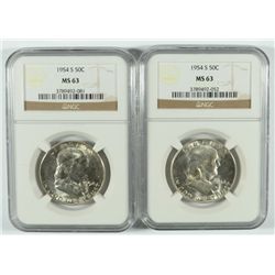 LOT OF ( 2 ) 1954-S FRANKLIN HALF DOLLAR, NGC MS-63