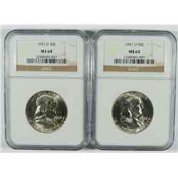 LOT OF ( 2 ) 1957-D FRANKLIN HALF DOLLARS, NGC MS-64  BLAST WHITE!