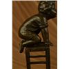 Image 10 : 10"x6" Signed Juan Clara Playful Boy Bouncing On A Chair Bronze Sculpture Statue Decor   4 LBS.
