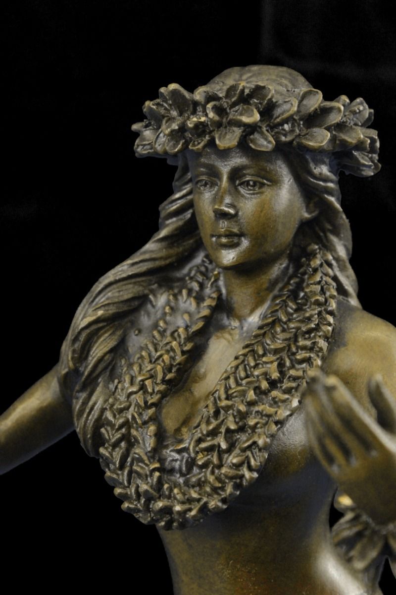 13"x5" 100 Bronze Hawaiian Hula Dancer Tiki Girl Nude Sculpture Statue