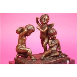 10"x9" Two Boys W/ Cherub Angel Bronze Sculpture By Moreau   10 LBS.