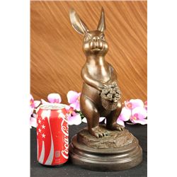 14"x7" Signed Pautrot Cute Little Bunny Holding Flower Basket Easter Gift Bronze   11 LBS.