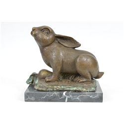 14"x7" Large Signed Pautrot Eastern Bunny Rabbit With Carrot Bronze Marble Sculpture   10 LBS.