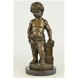 13"x5" 13" Sign Bronze Art Nude The Little Boy Holding Apple   8 LBS.