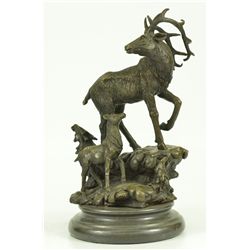 11"x9" Signed Original Male Stag With His Baby Fawn Bronze Sculpture Marble Base Statue   10 LBS.
