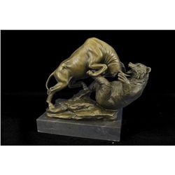 9"x11" Hot Cast Stock Market Bull Vs Bear Bronze Sculpture Marble Base Statue Gift Sale   12 LBS.