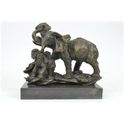 8.5"x9.5" Signed Barye Elephant With Baby Wildlife Bronze Sculpture Marble Statue Figurine   13 LBS.