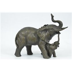 8x9.5" Signed Bugatti Elephant With Baby Wildlife Bronze Sculpture Marble Statue Figure   7 LBS.