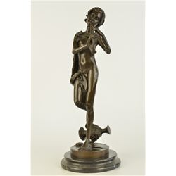16"x6" Bronze Marble Statue Nude Girl Pan Flute Musical Art Decor Sculpture Figurine   12 LBS.