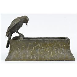 7"x10" Signed Original Art Deco Planter Vase With A Love Bird Bronze Sculpture Statue   6 LBS.