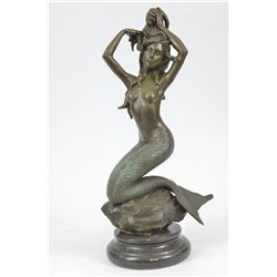 14.5"x7" Mermaid On Rock Bronze Sculpture   10 LBS.