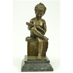 11.5"x5" Bronze Sculpture Nude Young Girl Reading Book Art Deco Marble Base Figurine   8 LBS.