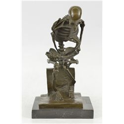 10"x8" Signed Milo Skeleton Thinkker Tribute To Rodin Bronze Sculpture Statue Marble   10 LBS.