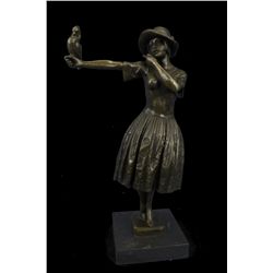 15 x8  Young Woman Dressed Feminine Sundress Holding Parrot Bronze Sculpture Chiparus   10 LBS.