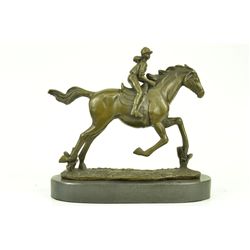 9"x9" Art Deco Western Art Girl Jockey Racing Horse Bronze Sculpture Statue Hotcast   9 LBS.