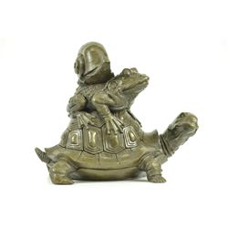 10"x12" Frog On Turtle W/ Snail Collectible Garden Decoration Figurine Bronze Statue Art   12 LBS.