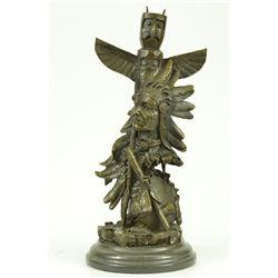 14"x7" Sign Original Fisher Indian Warrior With Totem Pole Bird Bronze Sculpture Statue   12 LBS.