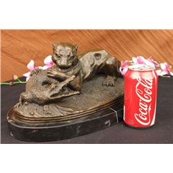 8 x15  Signed Barye Black Panther Attacking Alligator Bronze Marble Sculpture Statue   23 LBS.