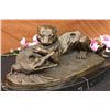 Image 2 : 8"x15" Signed Barye Black Panther Attacking Alligator Bronze Marble Sculpture Statue   23 LBS.