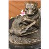 Image 3 : 8"x15" Signed Barye Black Panther Attacking Alligator Bronze Marble Sculpture Statue   23 LBS.